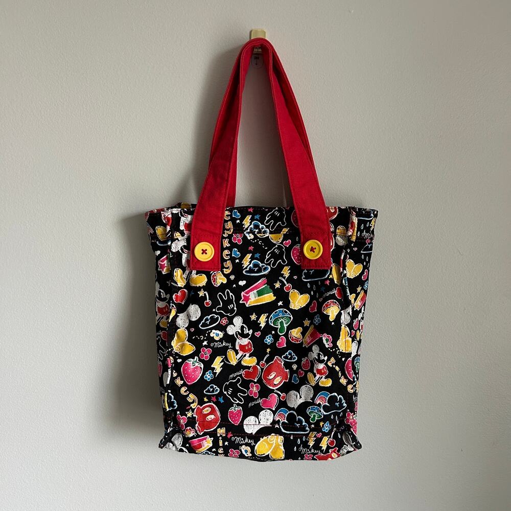 Walt Disney World Black Red Mickey Mouse Graphic Lined Canvas Tote Bag Pockets